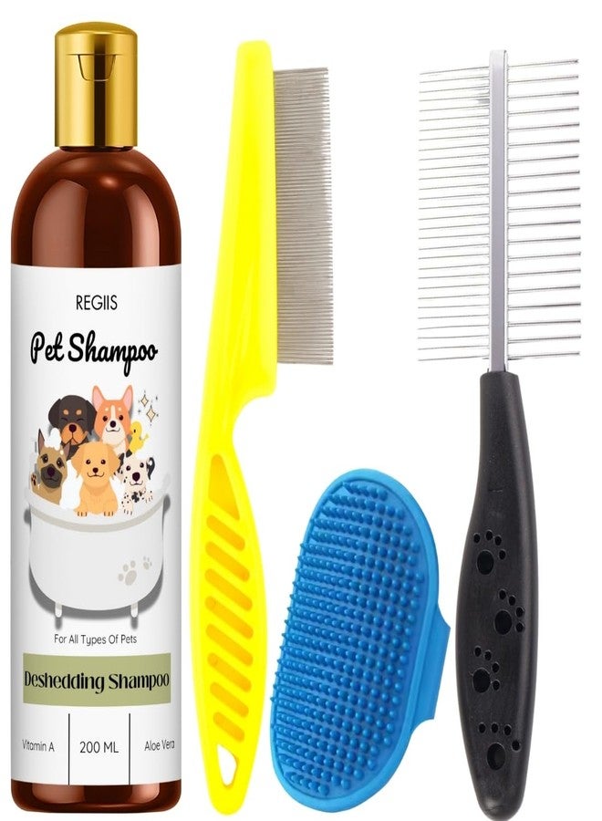 REGIIS Kegiis Pet Deshedding Shampoo with Grooming Brush Set, 200ml, Vitamin A and Aloe Vera Formula, for All Types of Pets(Pack of 4) - Image 1